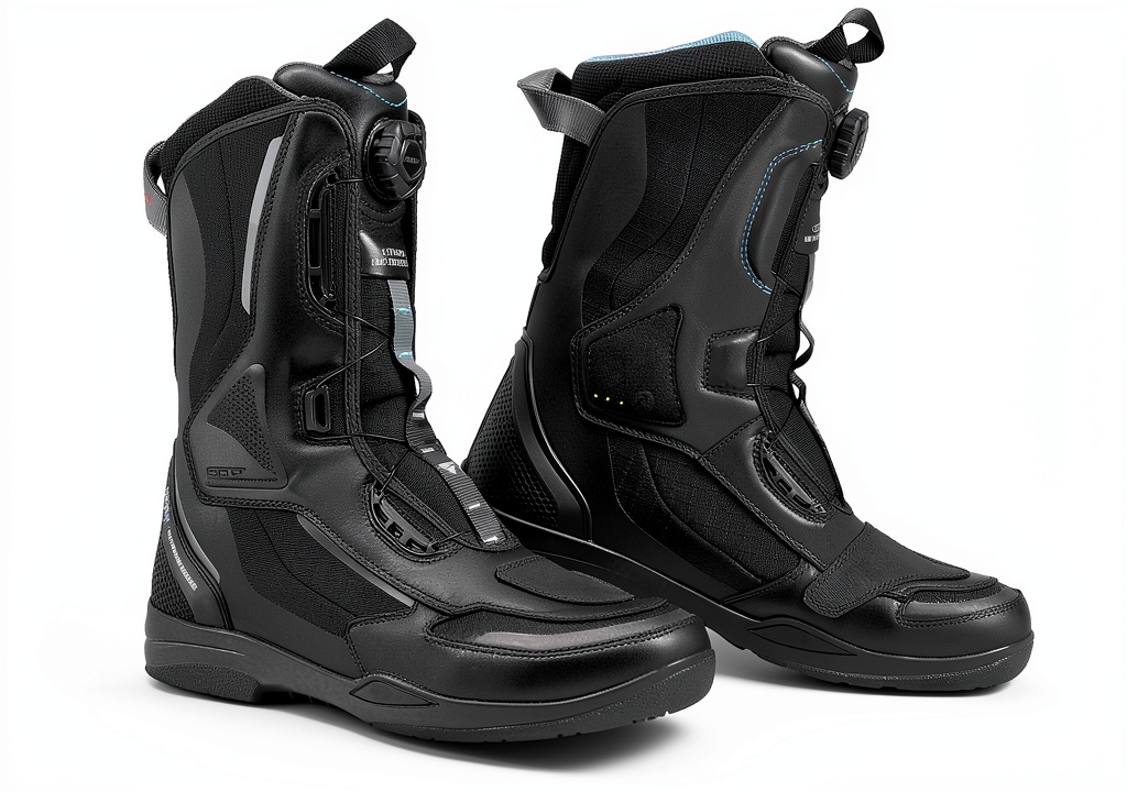 SHIMA women waterproof motorcycle boots on a rainy road