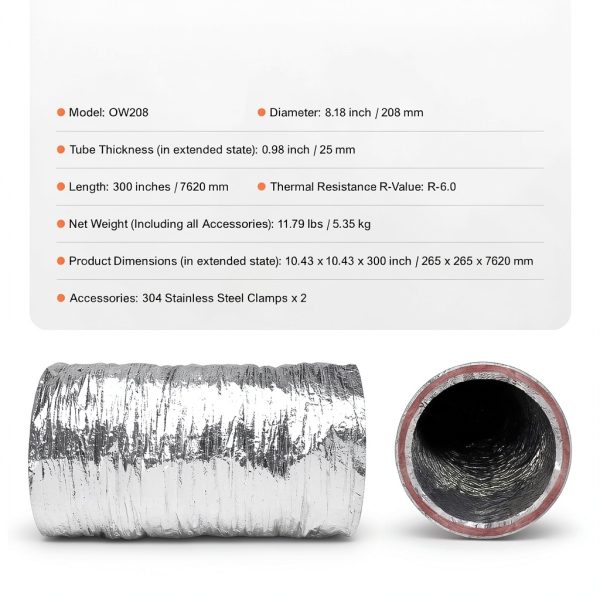 VEVOR Insulated Flexible Duct 8" x 25 Ft R-6.0，Energy-Efficient 3-Layer HVAC Hose with 2 Clamps for HVAC & Exhaust Ductwork-6