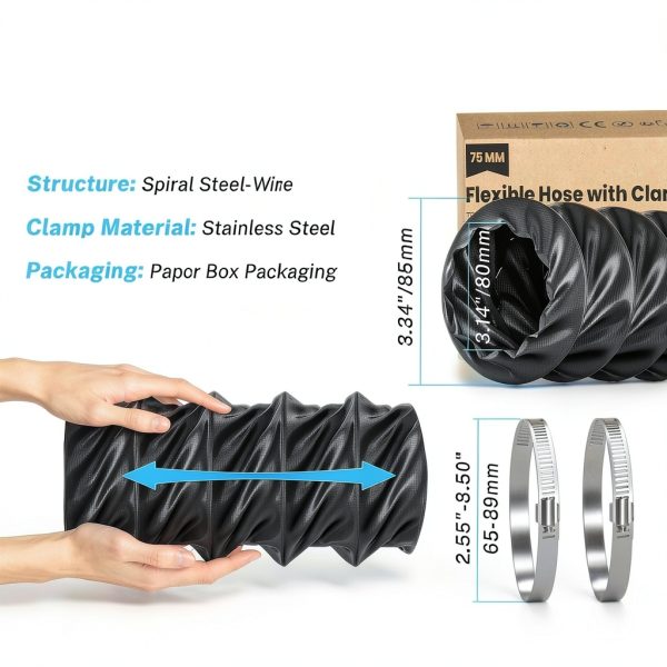3 Inch Duct Hose HG Power Nylon HVAC Duct 8FT Black with 2 Clamps-3