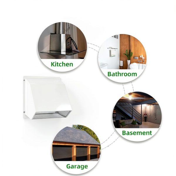 8 Inch Hooded Wall Vent with Screen and Damper,Outdoor Wall Exhaust Vent Cover Wall Cap for Exterior Kitchen Range Hood Ventilation Dryer HVAC Duct Air Exhaust, Galvanized Steel, White-6